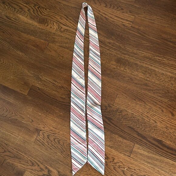 Vintage 70s cream, pink, maroon, turquoise green & gray diagonal striped scarf - Picture 5 of 6